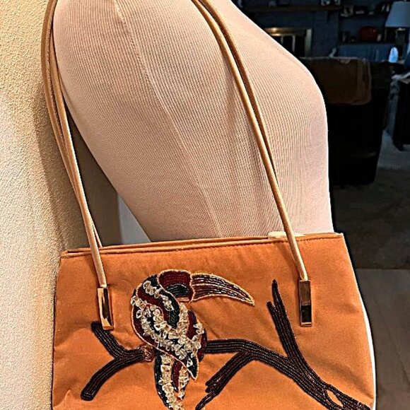 Vintage 1960s New Whimsical Ermo Beaded Toucan purse shoulder bag - camel color - Picture 3 of 9